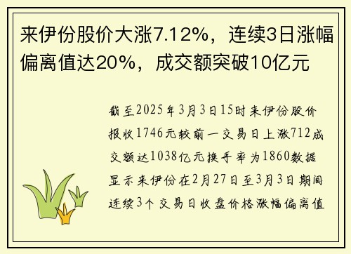 来伊份股价大涨7.12%，连续3日涨幅偏离值达20%，成交额突破10亿元
