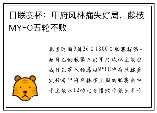 日联赛杯：甲府风林痛失好局，藤枝MYFC五轮不败